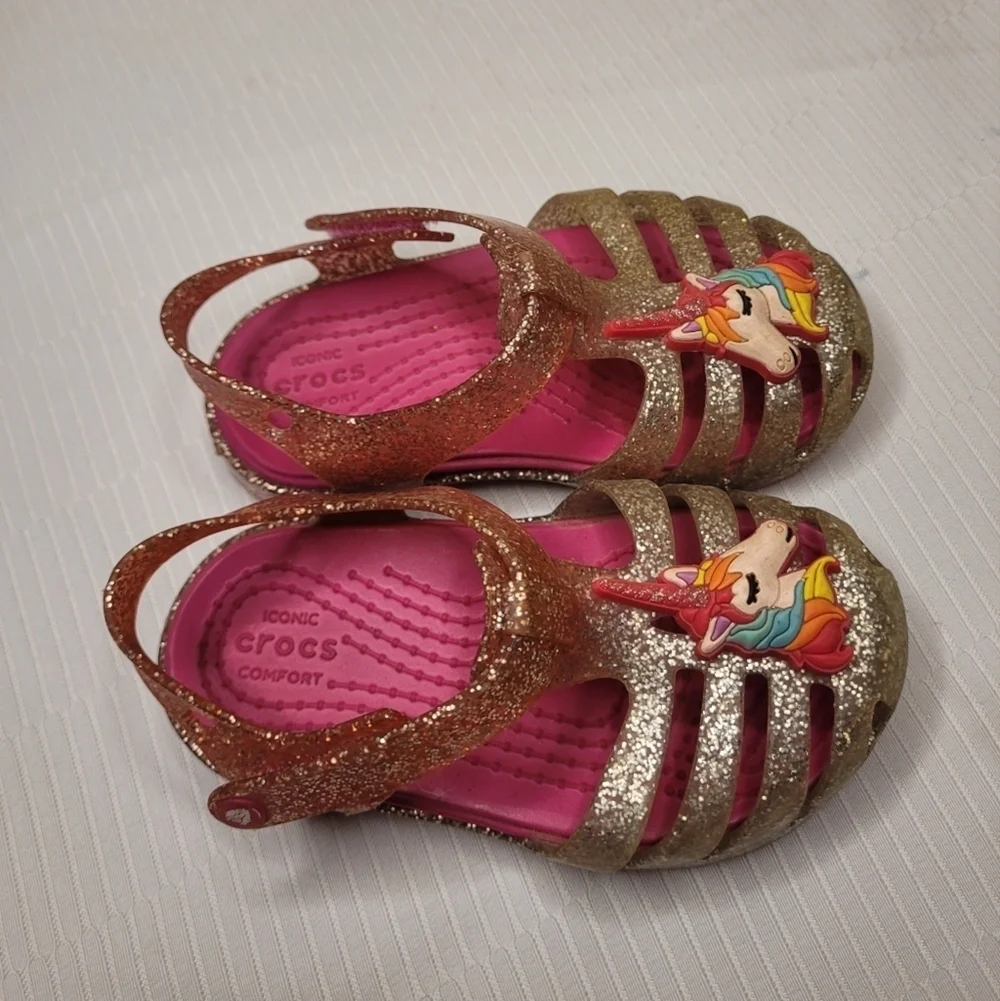 Crocs Pink Isabella Unicorn Glitter Jelly Sandals sz Toddler 6